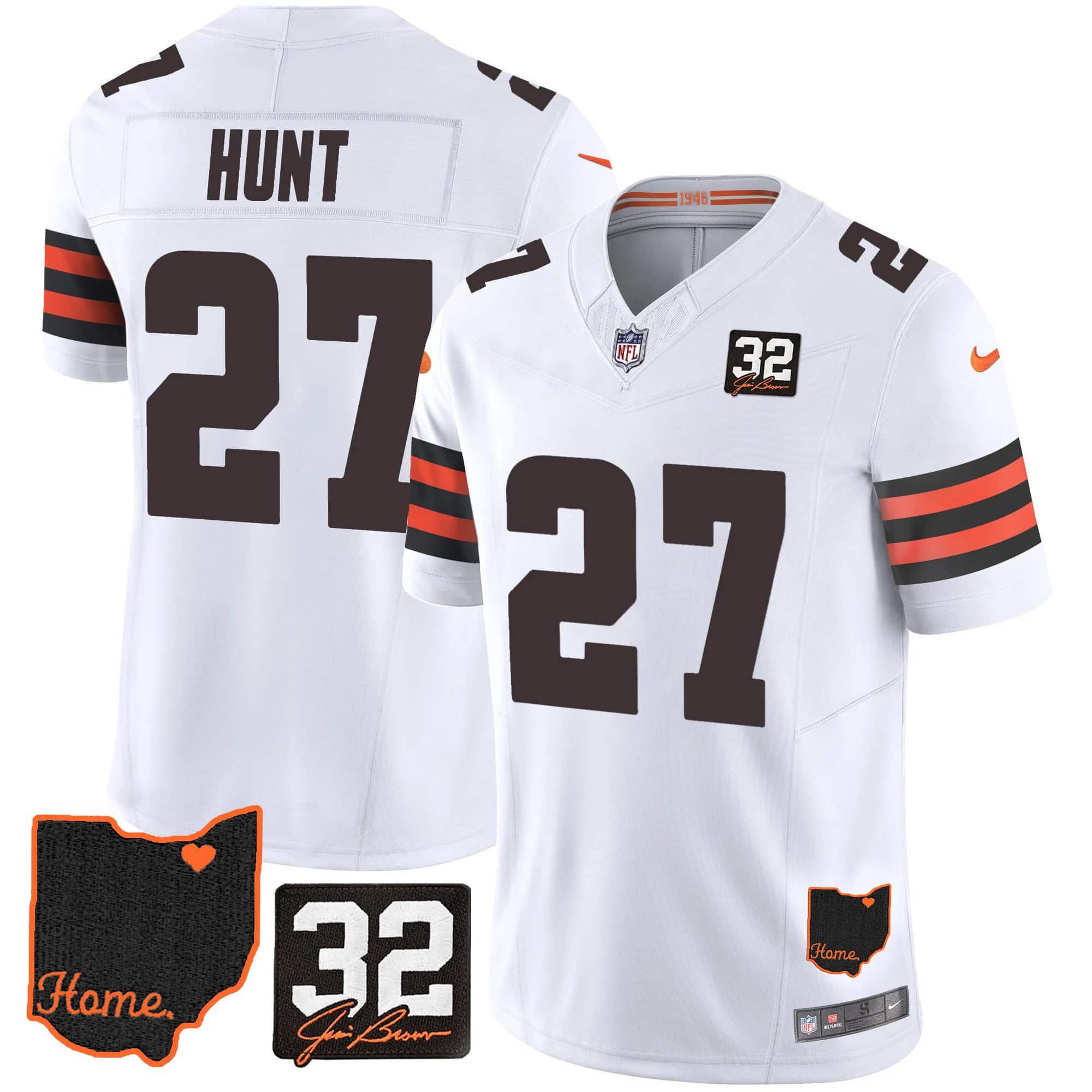 Men Cleveland Browns #27 Hunt White Memorial Home Patch 2024 Nike NFL Jersey